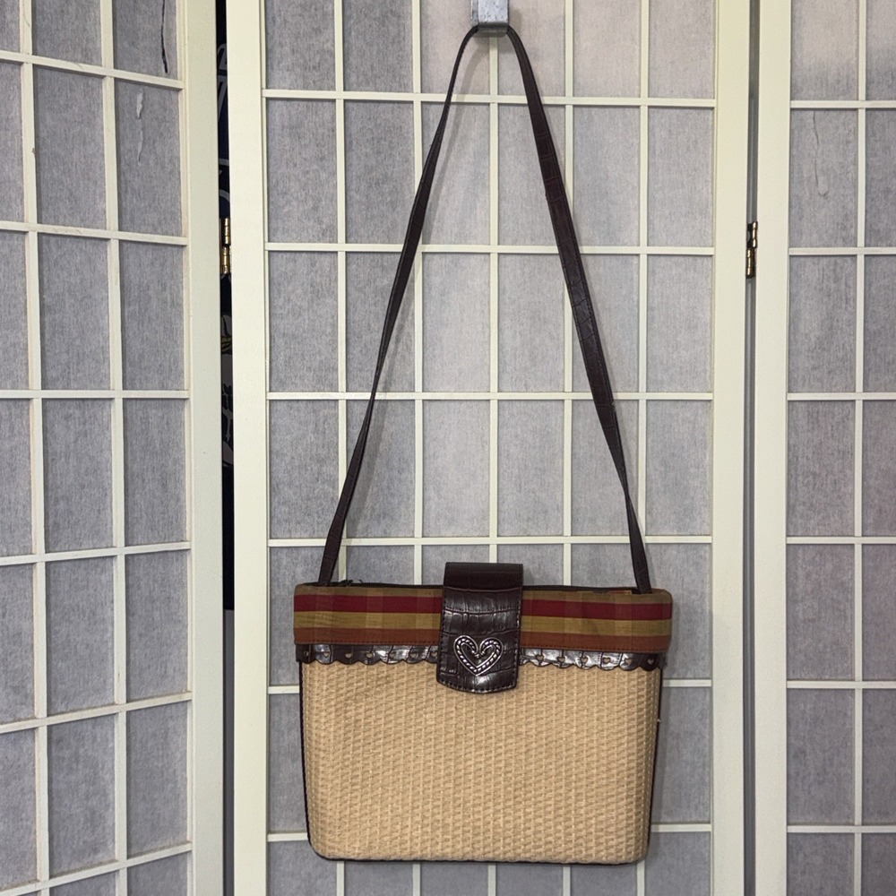 Vintage Brighton Style Y2K Handbag Brown‎ Leather Hearts Trim Plaid Straw Purse